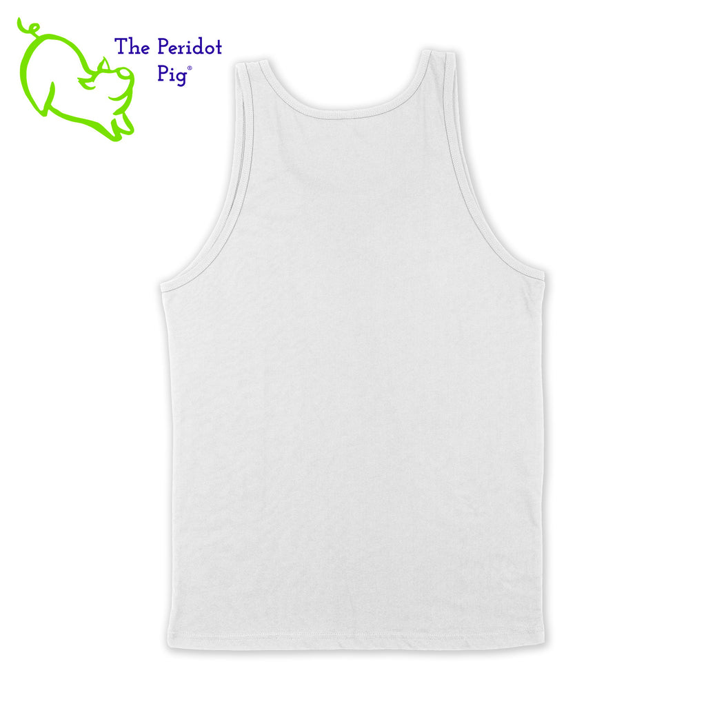 This unisex tank top boasts a nice drape, which is ideal for layering or dealing with the summer heat. The shirt features Kristin Zako's logo on the front in bright blue and purple colors on a white glitter vinyl print. The back is blank. Back view in white.
