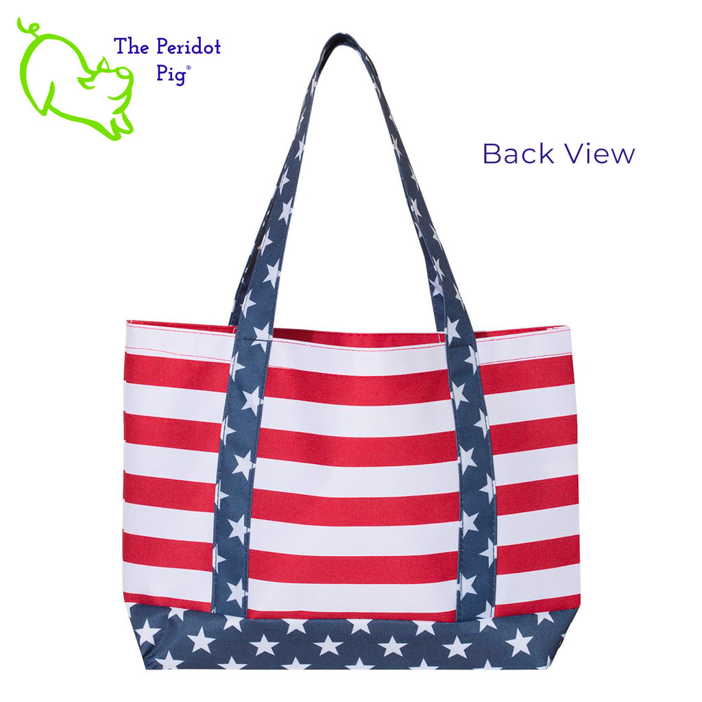 We're still creating totes! We had one glimpse of warm weather and now summer is on the brain. This stars and stripes boating tote is perfect for beach fun or a sweet Mother's Day surprise.  The tote bag made from sturdy 600D Denier polyester with a vivid print that wraps around. We've added a matching monogram and blinged it up a bit with a touch of holographic vinyl on the front pocket. Back view shown.