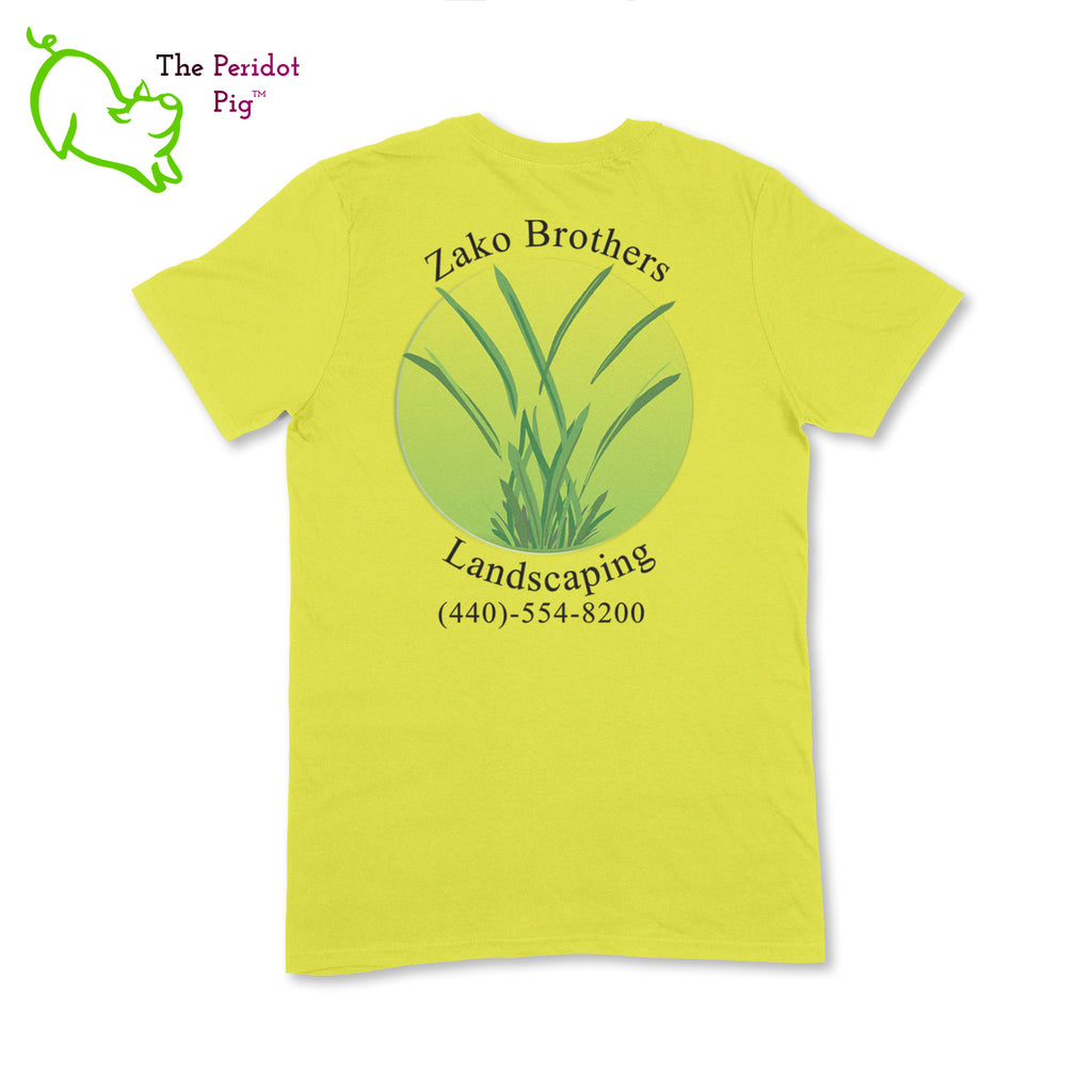 A saftey green short sleeve t-shirt featuring the Zako Brothers logo on the left shoulder area. A larger version of the logo is printed on the back. Back view.