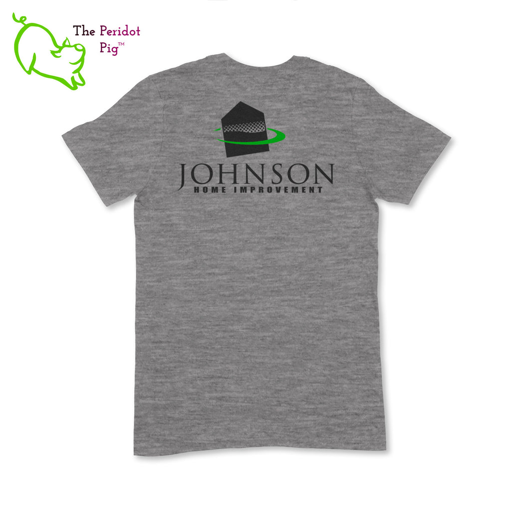 A short sleeve t-shirt featuring the Johnson Home Improvement logo on the left shoulder area. A larger version of the logo is printed on the back. Back view in Graphite Heather..