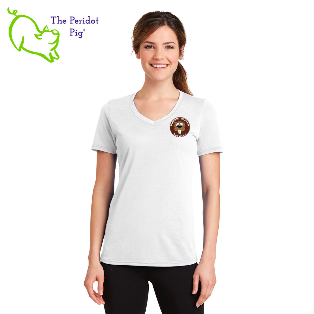 These t-shirts have a great weight and a super, soft feel. Made with a flattering v-neck, taped seams and a loose cut. The front features the Bummin' Beaver Brewery logo and the back has the words, "Bummin' Beaver Brewery" in their woodsy font.  Front view shown in white.