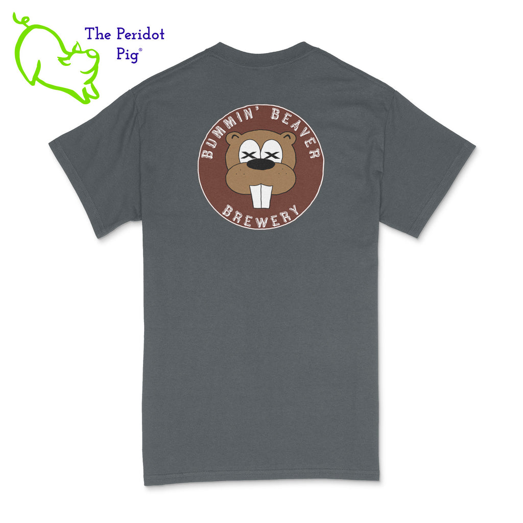 A traditional uni-sex fitting t-shirt. The Bummin' Beaver Brewery logo is on the front and back. Back view in charcoal.