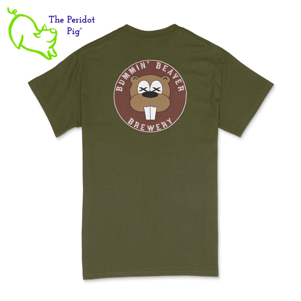 A traditional uni-sex fitting t-shirt. The Bummin' Beaver Brewery logo is on the front and back. Back view in military green.