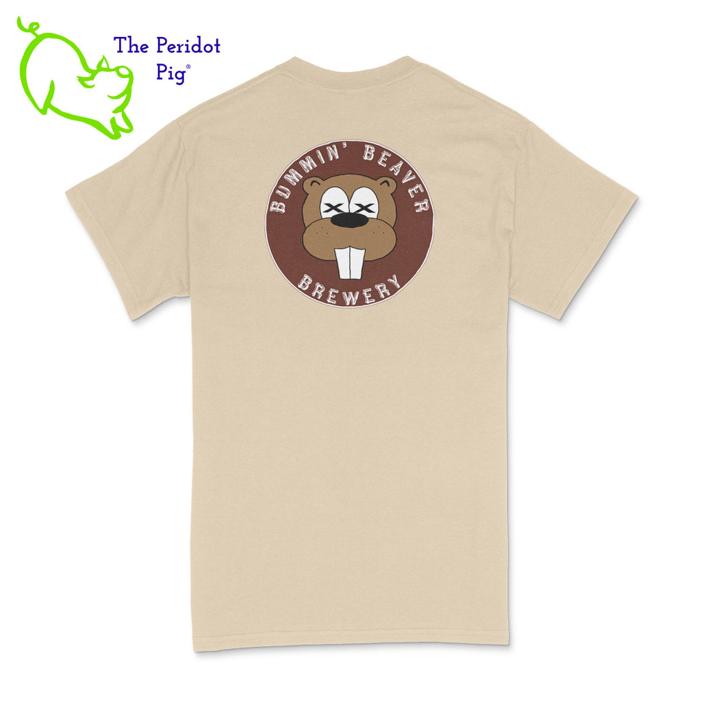A traditional uni-sex fitting t-shirt. The Bummin' Beaver Brewery logo is on the front and back. Back view in sand.