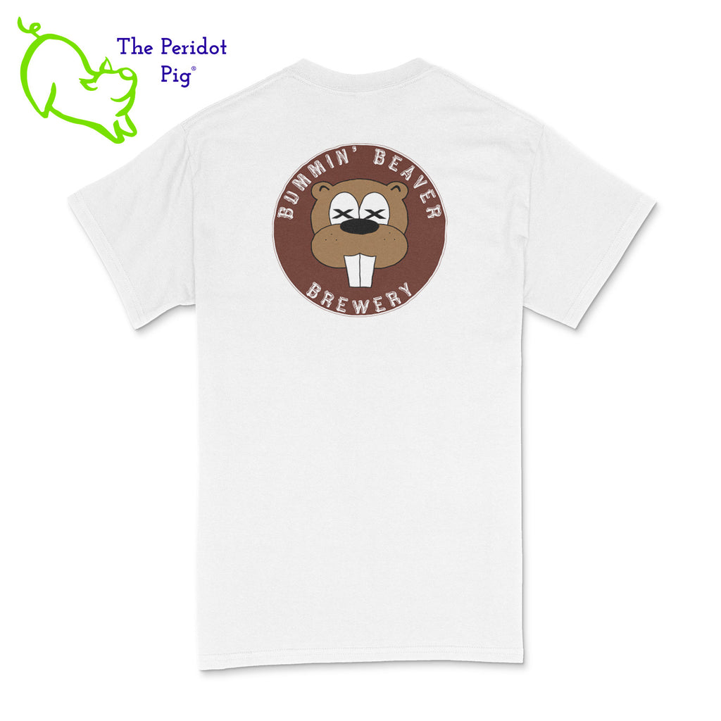A traditional uni-sex fitting t-shirt. The Bummin' Beaver Brewery logo is on the front and back. Back view in white.