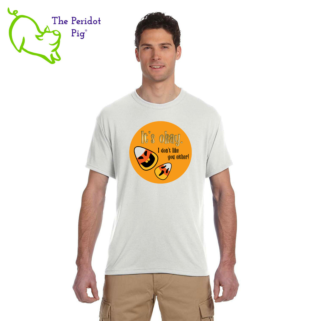 Add a little humor as you cart the kids around trick or treating. These shirts feature a bright orange design with the saying, "It's okay. I don't like you either" and a couple of candy corns with comic faces. The back is blank on these shirts. Front view shown.
