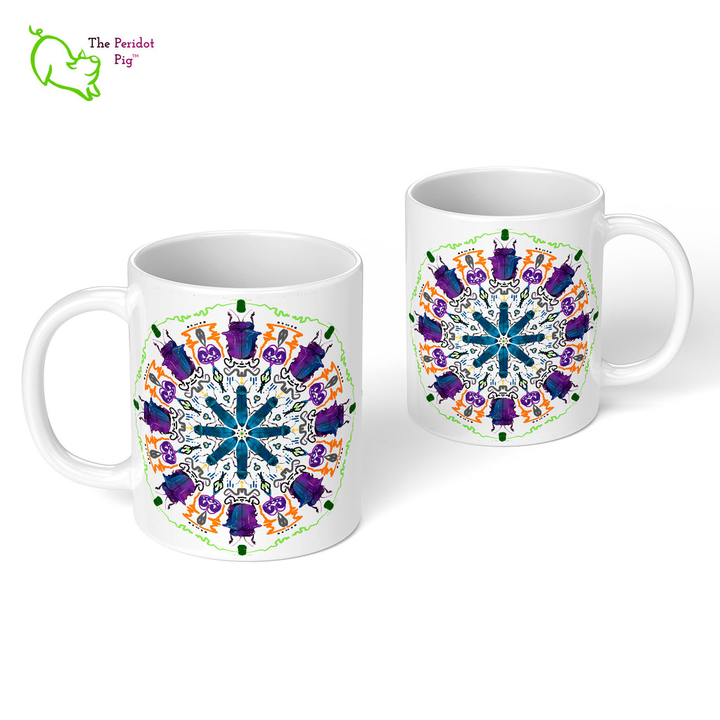 A colorful mandala of beetles graces this 11 oz mug. The larger beetle has shades of violet and blue. The smaller beetle is in a delicate shade of blue. Printed on a glossy white mug, these bugs really pop! Front and Back view