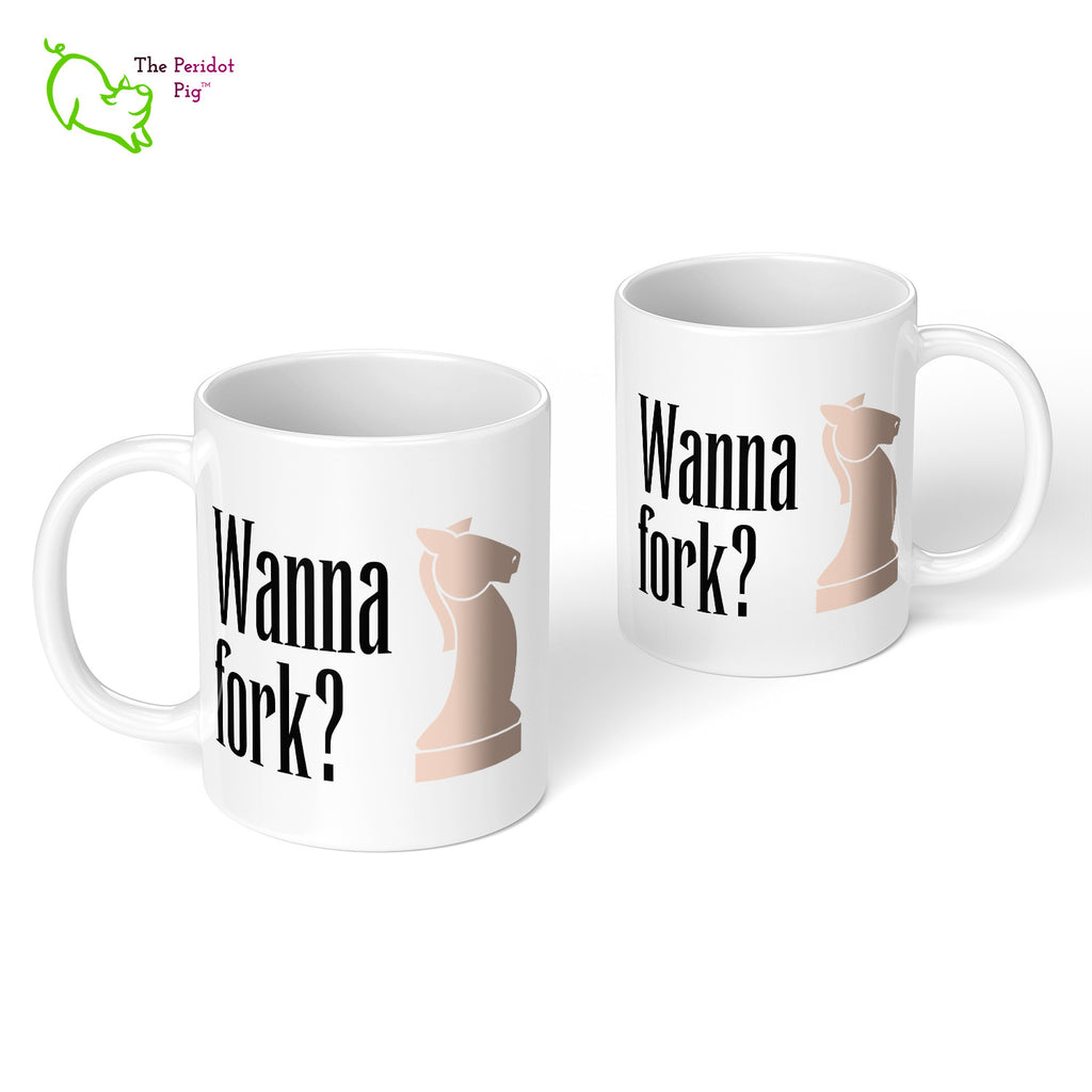 These bright white mugs are perfect for the chess fan. Knight - Wanna fork? Front and back view.