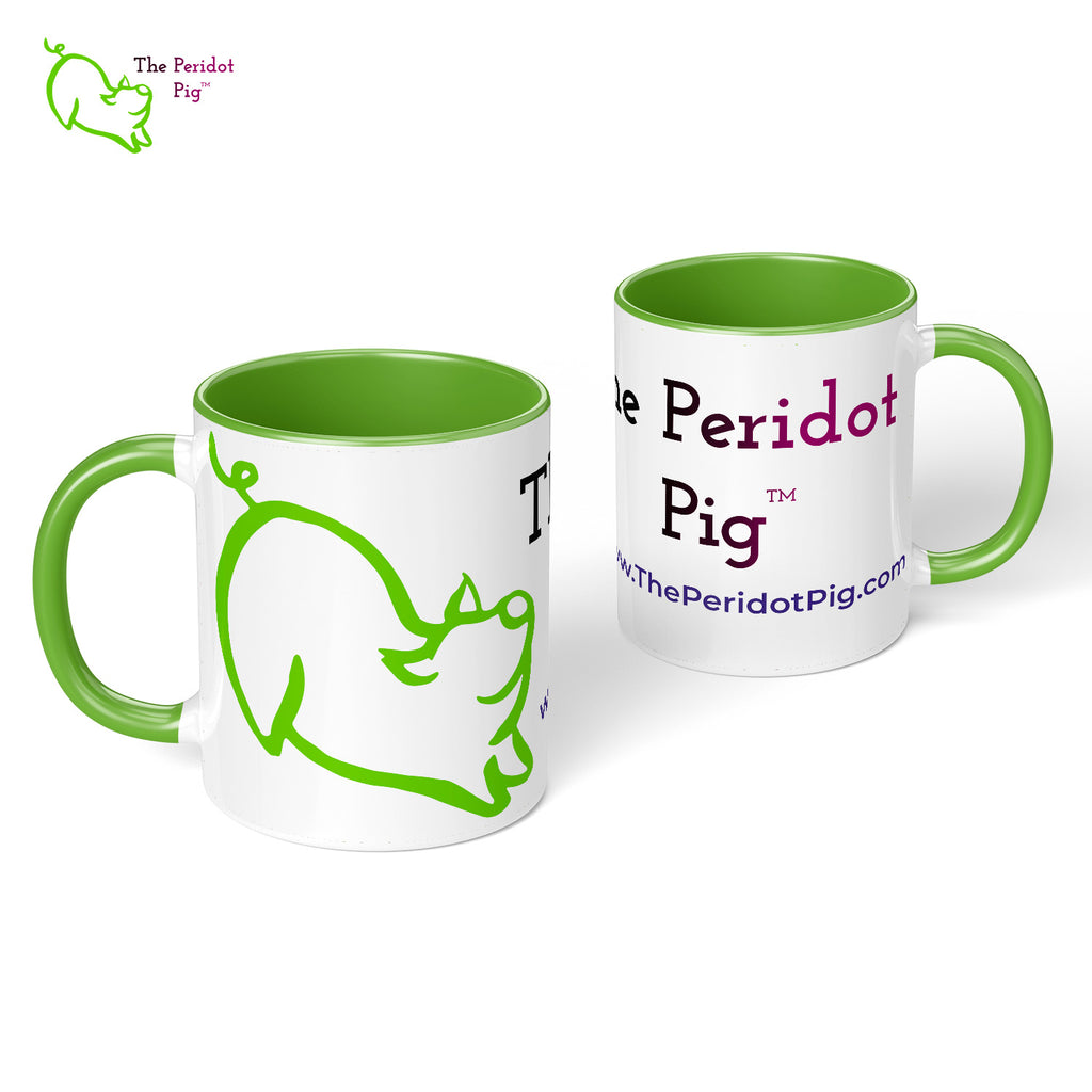 The Peridot Pig Logo Mug with green interior and handle. Front and back view