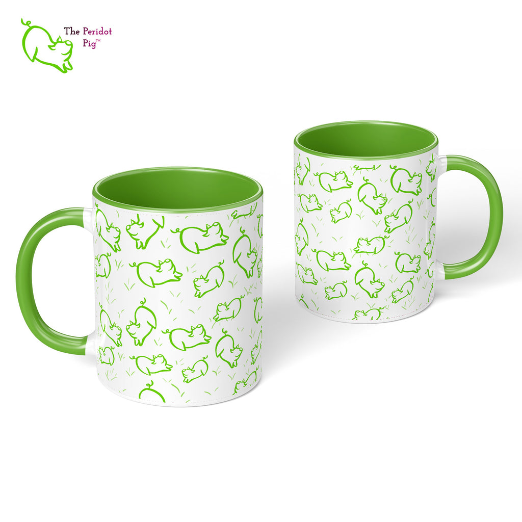 Peri's perky little peridot self is frolicking across this mug. Frolicking so much that you have to call it dancing a pig jig. This bright green mug is sure to brighten the start of your day. Front and back view