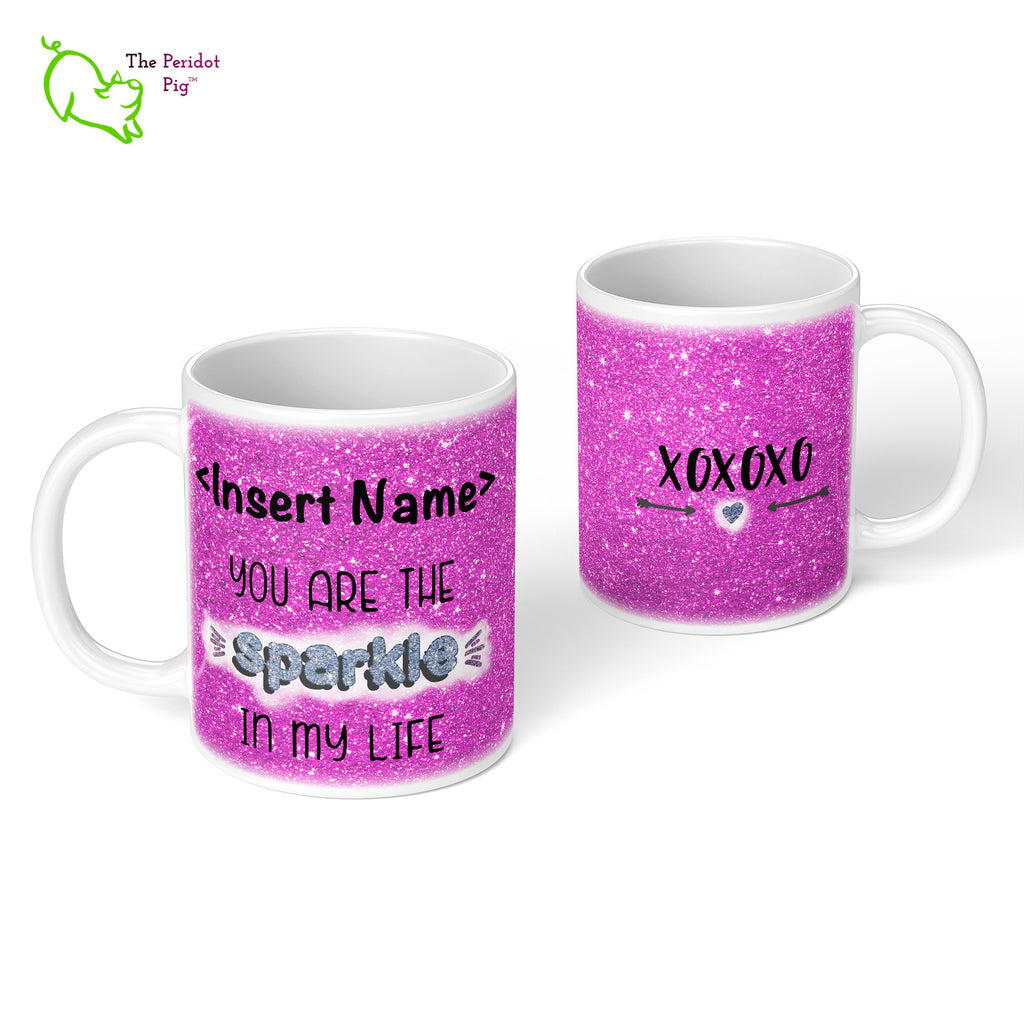 These shiny white gloss mugs feature a detailed, sparkly print that can be customized for that special glitter person in your life. Available in six different colors if you're not into pink, sparkling things. On the back, it has a simple XOXOXO (hugs and kisses). Purple front and back  view.