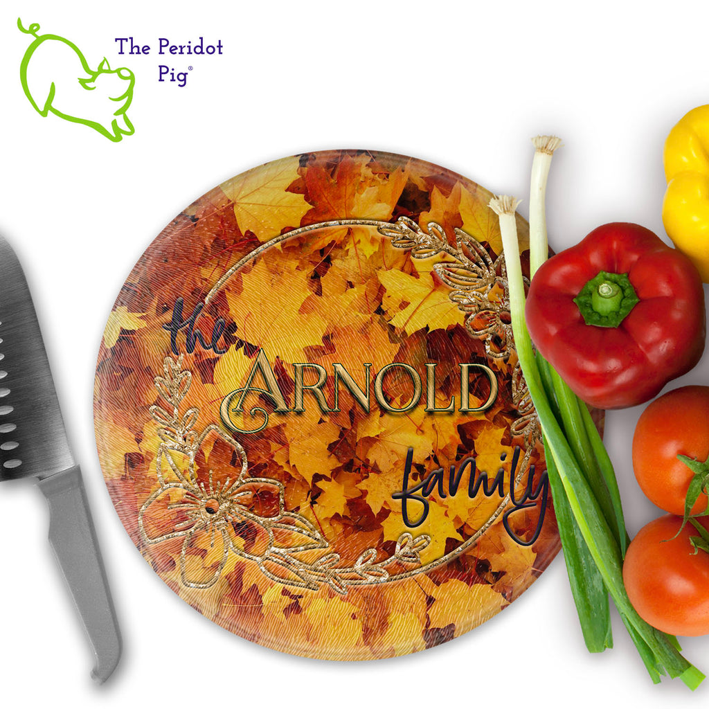 Can't find the perfect gift? How about a personalized glass cutting board in fall colors?? These make a perfect birthday, holiday or house warming gift! We've designed these with Autumn leaves in mind and a little 70s throwback vibe. They are printed in permanent sublimation colors that are vivid and bright. Round version shown with sample name and veggies.