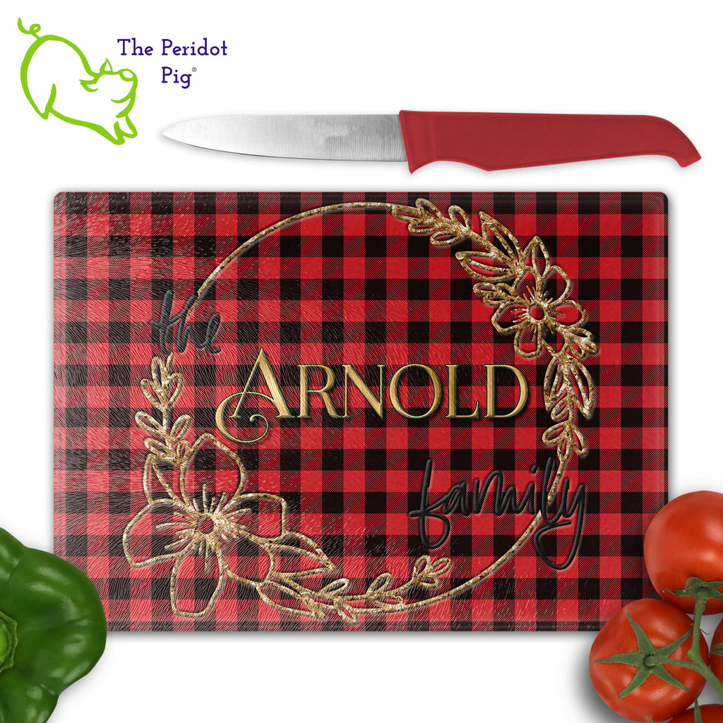 There's something about a buffalo plaid that is so versatile. It's perfect for a fall or holiday themed table but really works year round. These make a perfect birthday, holiday or house warming gift! We've designed these with a background of bright red and black plaid. The stylized wreath has a touch of gold with an embossed-look family name in the center. They are printed in permanent sublimation colors that are vivid and bright. Medium/Large shown with a sample name and veggies.