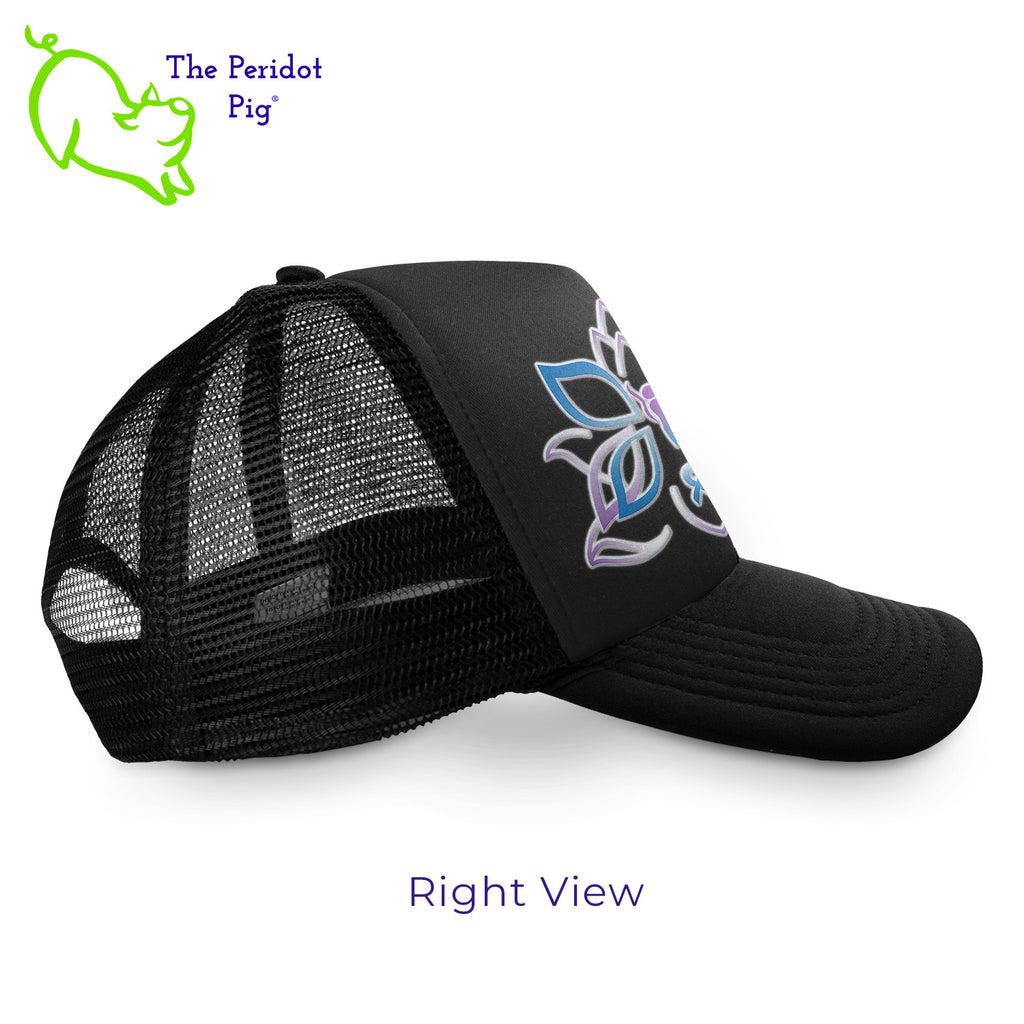 When you're out hiking in the woods, this mesh back structured trucker cap keeps the sun off your face but still stays cool. We're featuring Kristin Zako's All in Life logo on the front, printed on a white glitter vinyl. Right view.