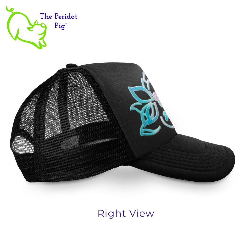 When you're out hiking in the woods, this mesh back structured trucker cap keeps the sun off your face but still stays cool. We're featuring Kristin Zako's All in Life logo on the front, printed on a holographic vinyl. Right view.