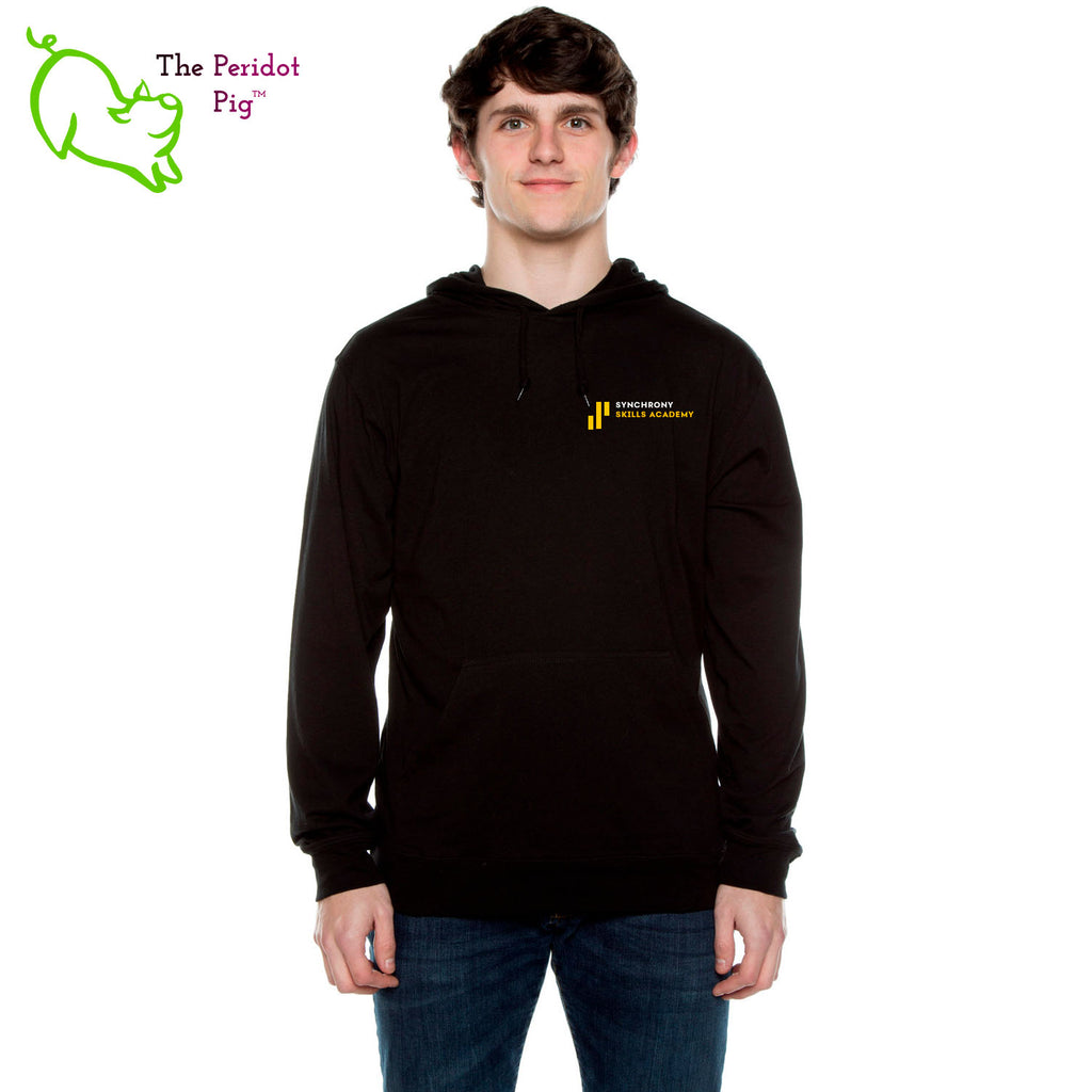 The Synchrony Financial Skills Academy Logo long sleeve t-shirt hoodie is a light-weight version of your classic pullover hoodie. The front features a small version of the logo on the left pocket area. The back has a larger version of the logo. Shown in black, front view.