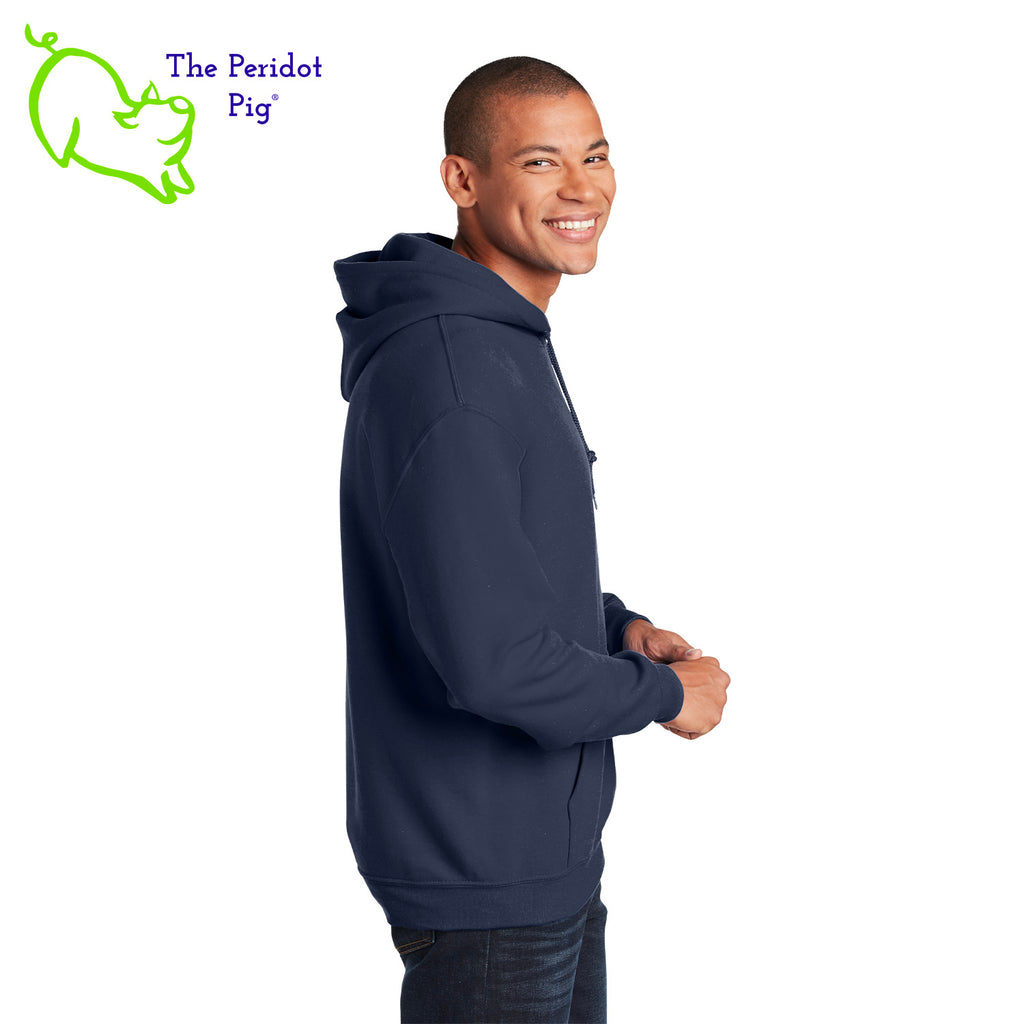 This warm, soft hoodie features a matte finish, Healthy Pi logo on the front. It's available in three colors. The white and navy hoodies have the logo in teal green. The royal blue hoodie has the logo in white. Side view shown in navy.