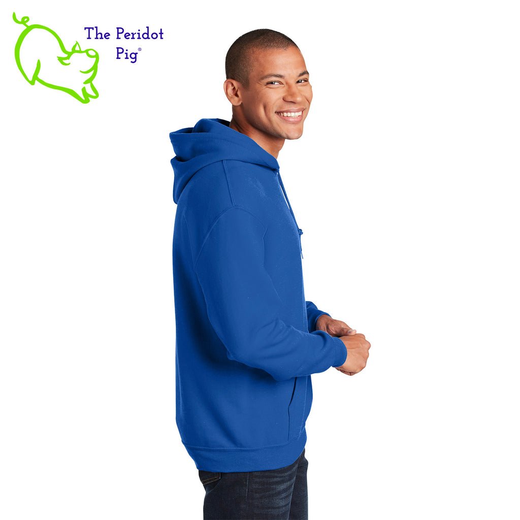 This warm, soft hoodie features a matte finish, Healthy Pi logo on the front. It's available in three colors. The white and navy hoodies have the logo in teal green. The royal blue hoodie has the logo in white. Side view shown in royal.