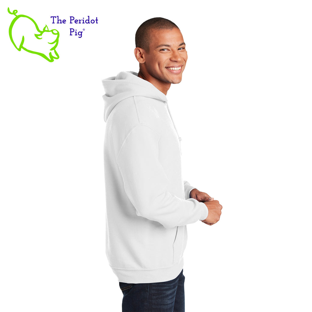 This warm, soft hoodie features a matte finish, Healthy Pi logo on the front. It's available in three colors. The white and navy hoodies have the logo in teal green. The royal blue hoodie has the logo in white. Side view shown in white.