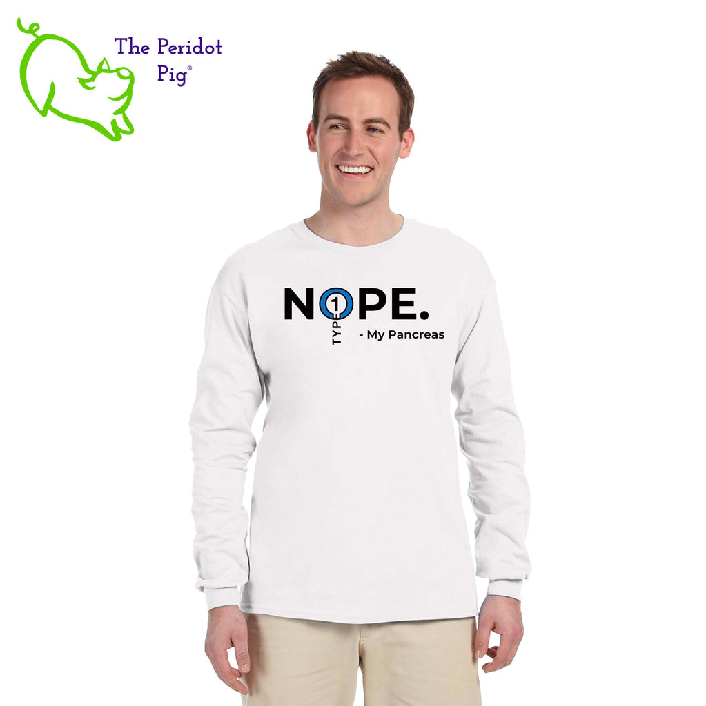 A new shirt for National Diabetes Month! For some, the pancreas just says, "Nope." The t-shirt front features a Type 1 Diabetes logo with the words, "Nope. -My Pancreas". The back is blank. This a nice, comfy heavy-weight t-shirt. Perfect for the Fall. Front view shown on a model in white.