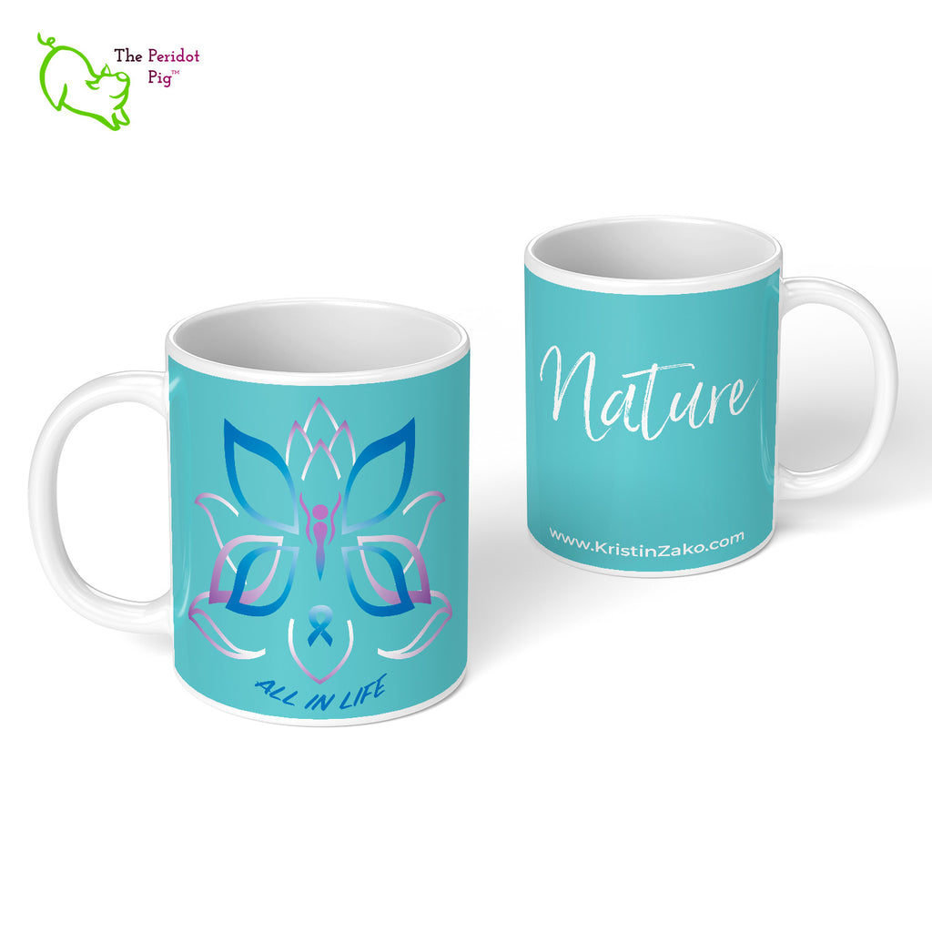 A wonderful mug featuring Kristin Zako's logo and a reminder of the four pillars in her philosophy. A great addition to your morning routine before you start a hectic day. Nature front and back view.