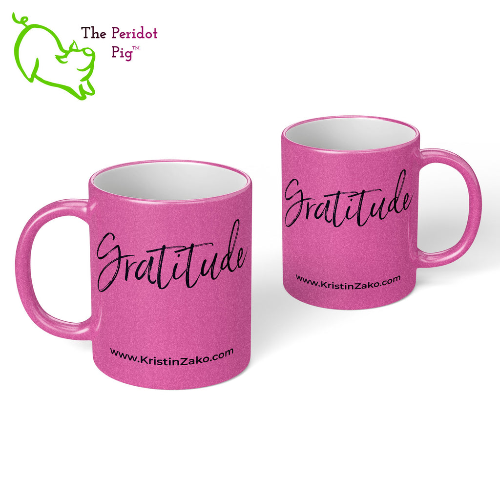 This beautiful magenta shimmer/metallic mug is so pretty! It's sturdy and glossy with a vivid print that'll withstand the microwave and dishwasher. The front and back feature the word, Gratitude along with Kristin's website URL, www.KristinZako.com. Front and back view.