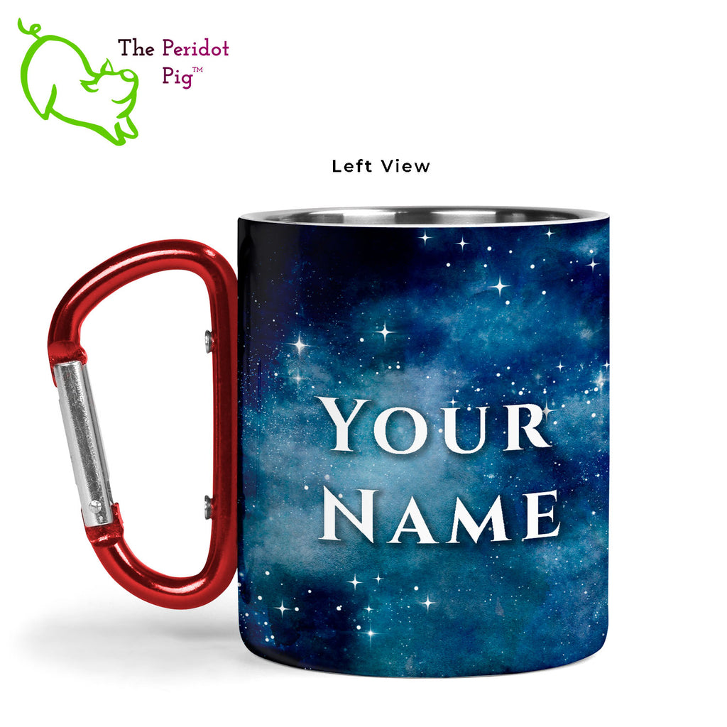 Introducing a wonderful 11 oz stainless steel mug with a vivid, permanent sublimation print. The mug has a red carabiner handle. Double walled, vacuum insulated to keep your coffee warm around the campfire. This light weight, durable mug is great for camping, backpacking or hiking. This version is personalized with the text of your choice. Starry Night shown, left view.