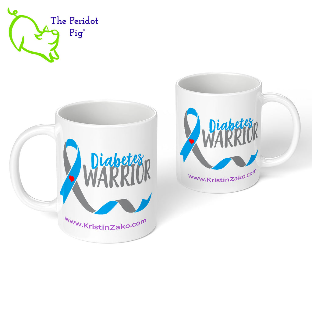 November is National Diabetes Month and these are the perfect mug to celebrate Diabetes awareness. Printed using vivid sublimation inks, these mugs won't fade or peel over time. The text says "Diabetes Warrior" with the Diabetes blue and gray ribbon featured on both front and back. Kristin Zako's home page URL is called out on both sides. Front and back view shown.