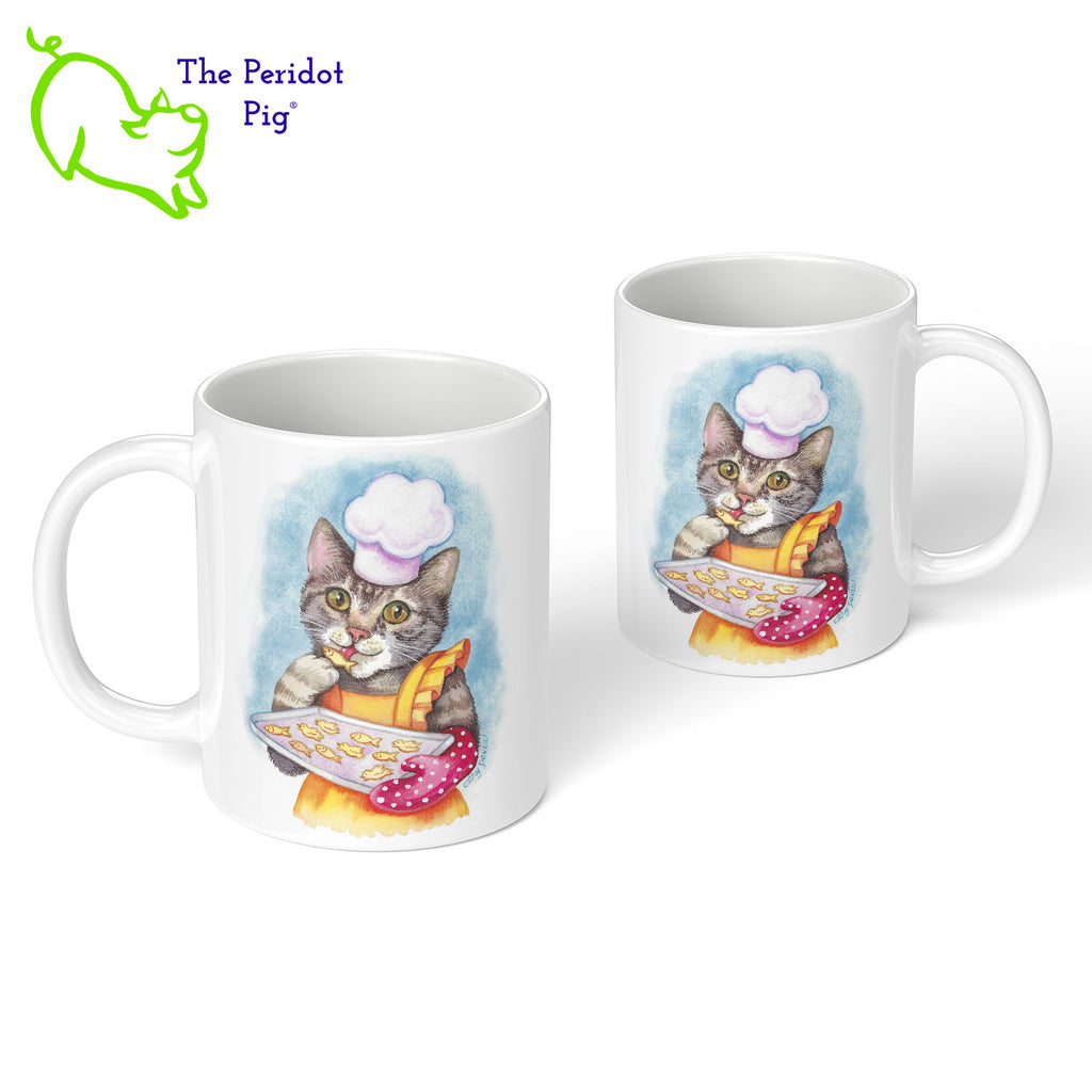 This 11 oz ceramic mug features the colorful artwork of Cathy Pavia and would be the perfect gift for a cat lover or chef. You have a cool cooking kitty on the front, baking some little kitty snacks. They're dressed in a bright apron, chef's hat and a polka dot oven mitt. On the back is the same image. Shown front and back view.
