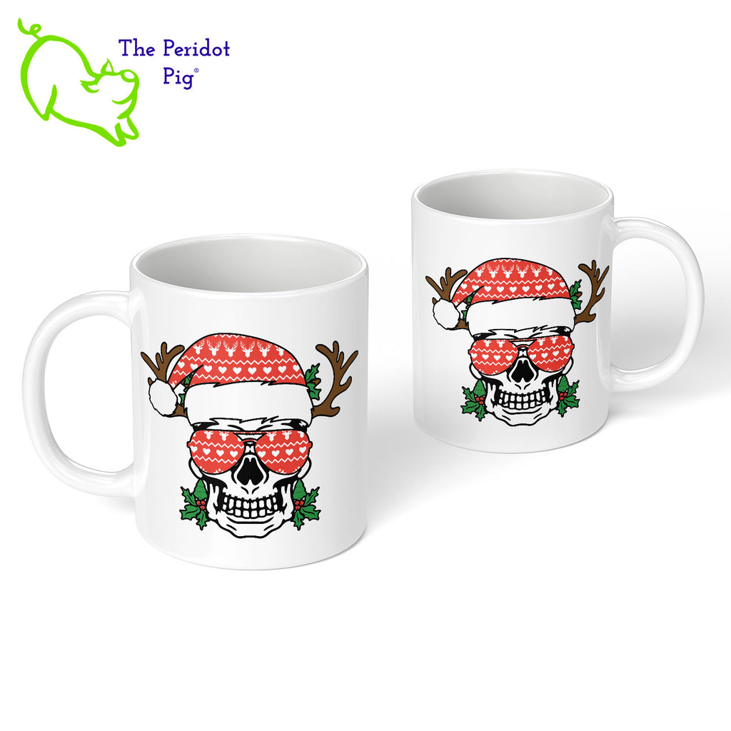 It's a toss up whether Halloween or Christmas is our favorite holiday. When you can't make up your mind, try our Christmas skull coffee mug! We've printed the skull on the front and the back. Will go great with leftover candy and Christmas cookies! Front and back view shown.