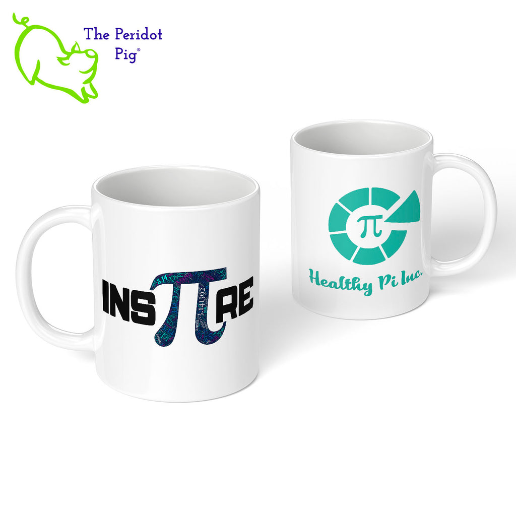 Why only celebrate PI day once a year? You can use our InsPIre mug every day! This mug features our PI inspire motif and the Healthy Pi Inc logo printed in vivid color on a white, glossy ceramic mug. Front and back  view shown.
