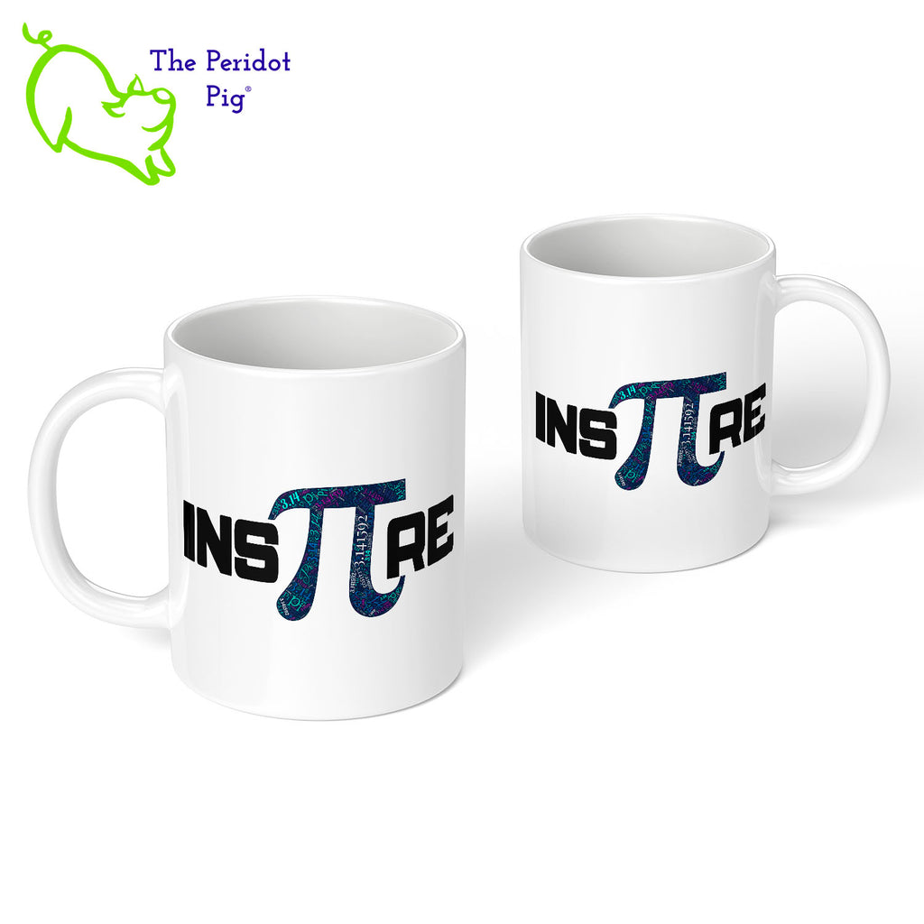 Celebrate your love of mathematics every day with this InsPIre mug. A white glossy ceramic mug has our colorful PI inspire motif printed on it, making it the perfect accessory for math-lovers. Front and back  view shown.