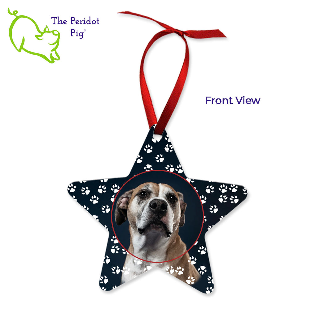 This ornament is perfect for the star in your life. We've shown them here with the name and year on the back with a fun Christmas candy stripe pattern. On the front, choose from 5 different border styles. This style is best with the text on the back but we can customize it in many different ways. Front view shown with dog paws.