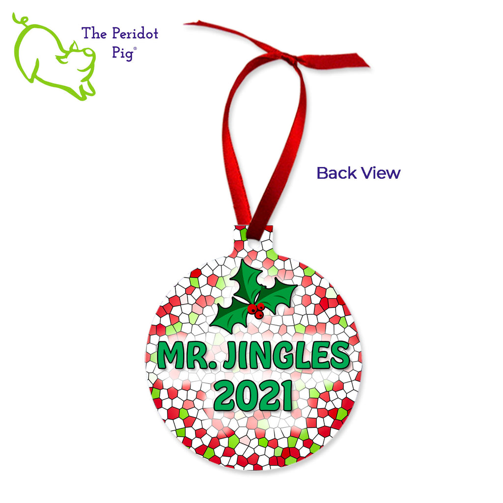 This ornament features the colorful artwork of Cathy Pavia. On the front, you have a lovely English Bulldog chewing on a candy cane with a festive holiday hat and bowtie. On the back, the ornament can be customized with your pet's name, year or any text of your choice. Back view shown with sample text.