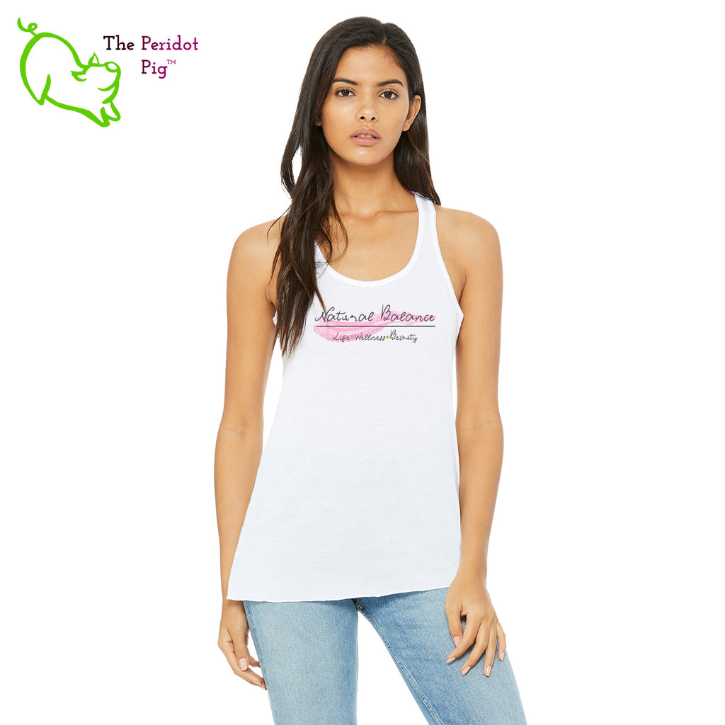 This racerback tank is super soft, lightweight, and form-fitting (but not too tight in the mid-section) with a flattering cut and raw edge seams for an edgy touch. The front features Coach Michele Smits' Natural Balance logo and the back is blank. Front view in white.