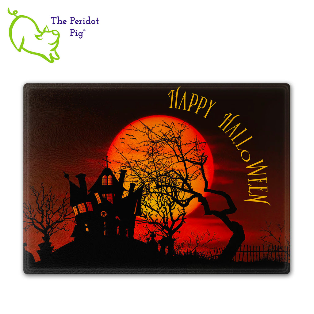 How about a Halloween cutting board for your next party? These make a perfect birthday, holiday or house warming gift! We've designed these with a dark graveyard scene. "Happy Halloween" is printed in a bright orange. They are printed in permanent sublimation colors that are vivid and bright. 11x16" version shown.