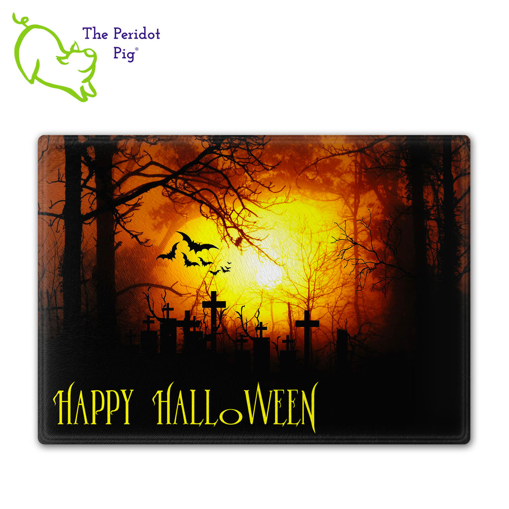 How about a Halloween cutting board for your next party? These make a perfect birthday, holiday or house warming gift! We've designed these with a dark graveyard scene. "Happy Halloween" is printed in a bright orange. They are printed in permanent sublimation colors that are vivid and bright. 11x16" round version shown.