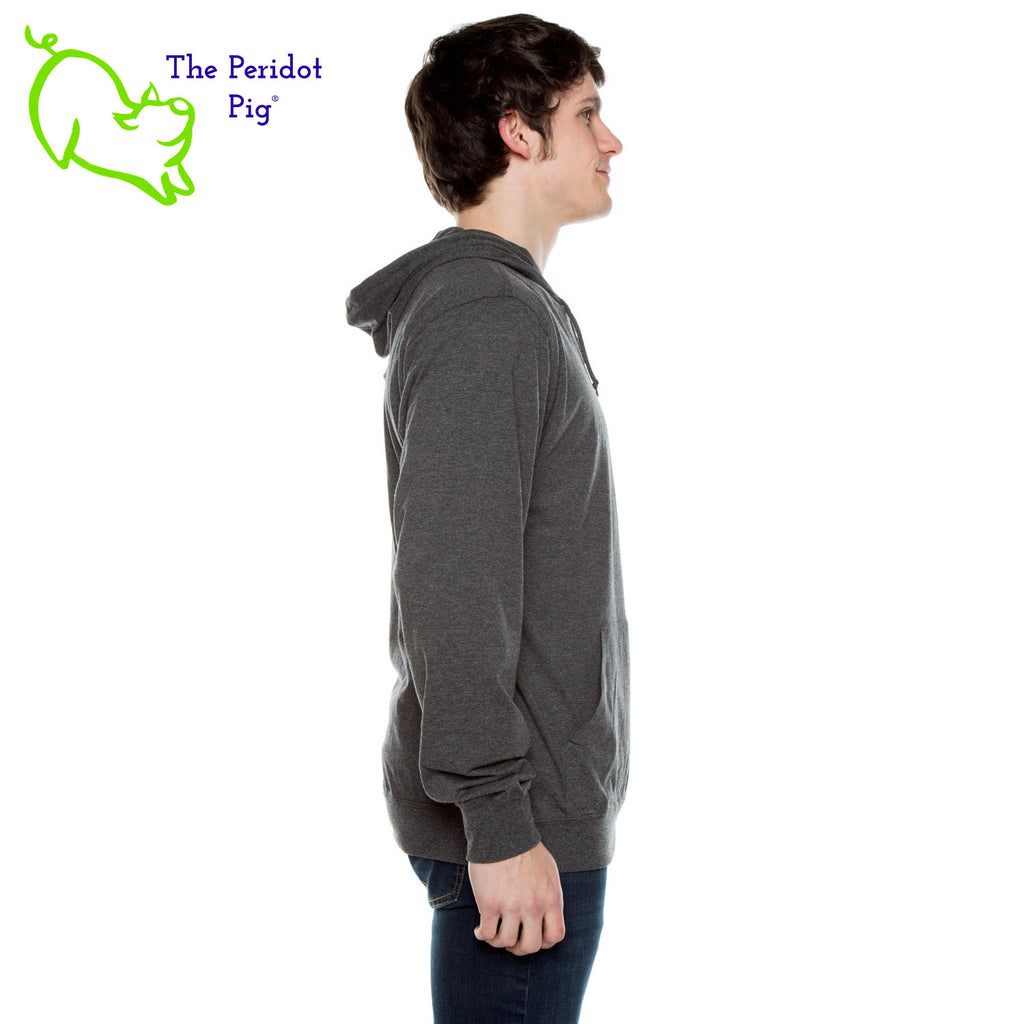Our Type 1 Diabetes "Proud Owner of a Useless Pancreas" long sleeve t-shirt hoodie is a light-weight version of your classic pullover hoodie. The front features the saying "Proud owner of a useless pancreas" with our take on the Type 1 Diabetes logo. The back is blank. The image is a very thin, soft vinyl primarily in white. The outline of the logo and "useless" are in silver with a touch of blue in the diabetes circle. Side view shown on a model.