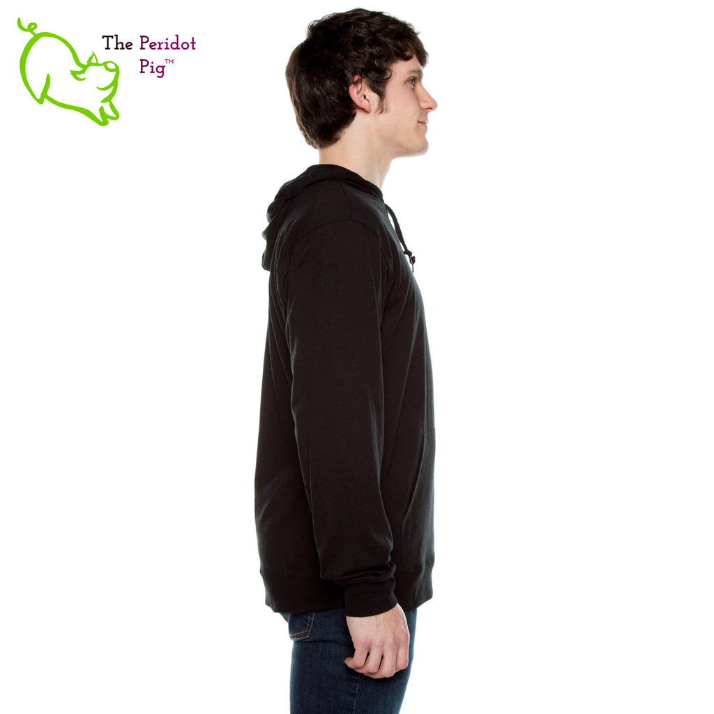 The Coach Michele long sleeve t-shirt hoodie is a light-weight version of your classic pullover hoodie. The front features the text, "Coach Michele" in two colors of glitter vinyl. The back is blank. Side view shown in Black.