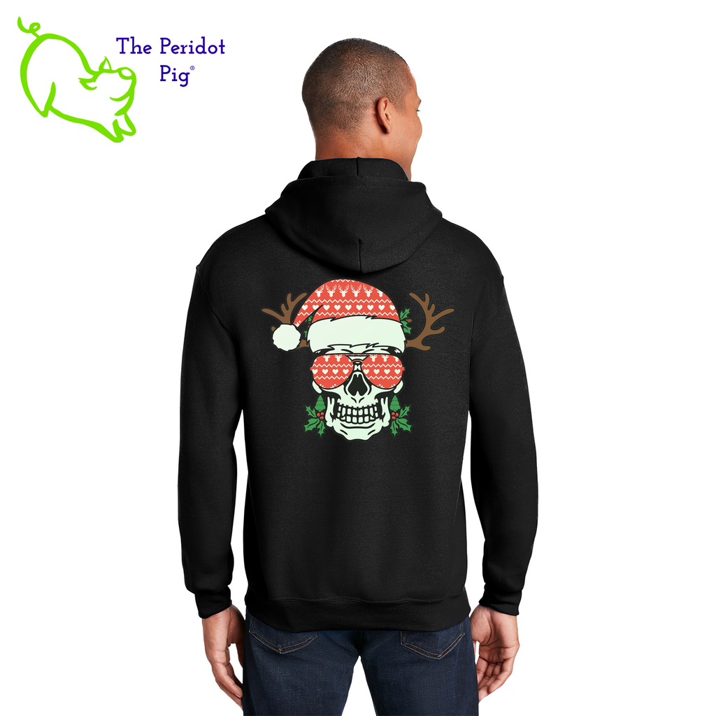 It's a toss up whether Halloween or Christmas is our favorite holiday. When you can't make up your mind, try our Christmas skull hoodie! Perfect for the chillier weather and this one glows in the dark! We've printed the skull on the back over glow in the dark vinyl. Back view shown.