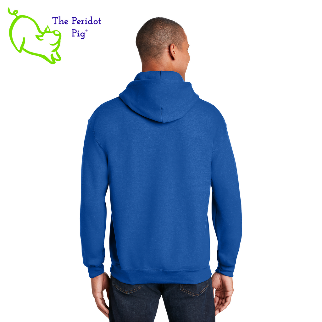 This warm, soft hoodie features a matte finish, Healthy Pi logo on the front. It's available in three colors. The white and navy hoodies have the logo in teal green. The royal blue hoodie has the logo in white. Back view shown in royal.