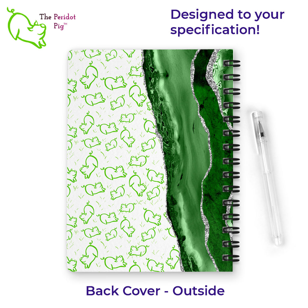 We can design a custom journal for you! We print these in vivid color with a permanent sublimation technique. We can use photos, images, logos or your own artwork to cover the front and back of these luxury journal notebooks. Back view outside cover.