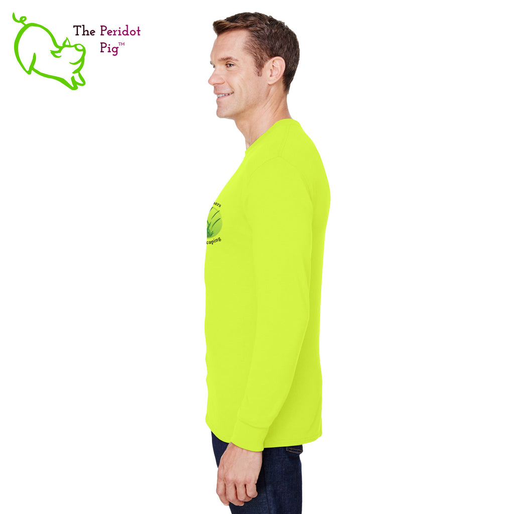 A saftey green long sleeve t-shirt featuring the Zako Brothers logo on the left front pocket. A larger version of the logo is printed on the back. Side view.