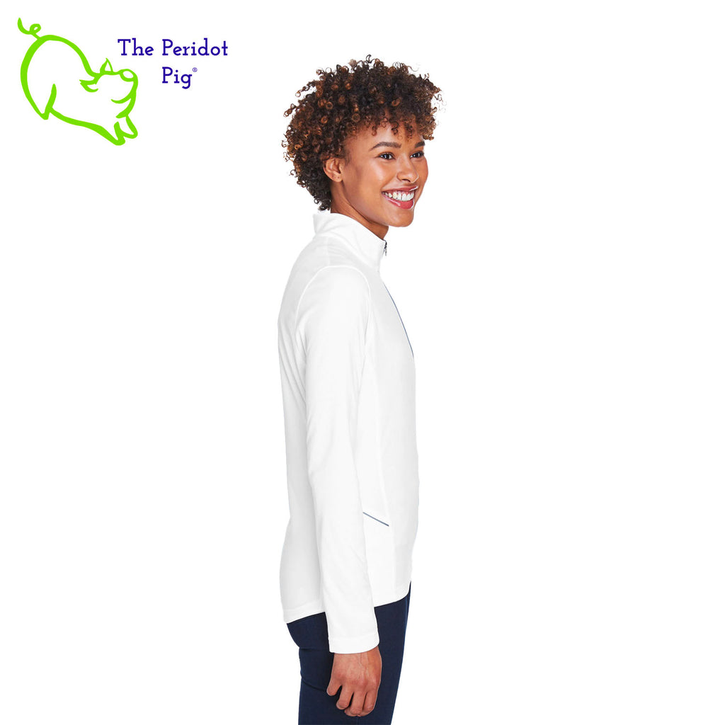 The Natural Balance Logo long sleeve quarter-zip is cut in a stylish modern fashion. The front features a small version of the logo on the left pocket area. The back is blank. Side view shown in White.