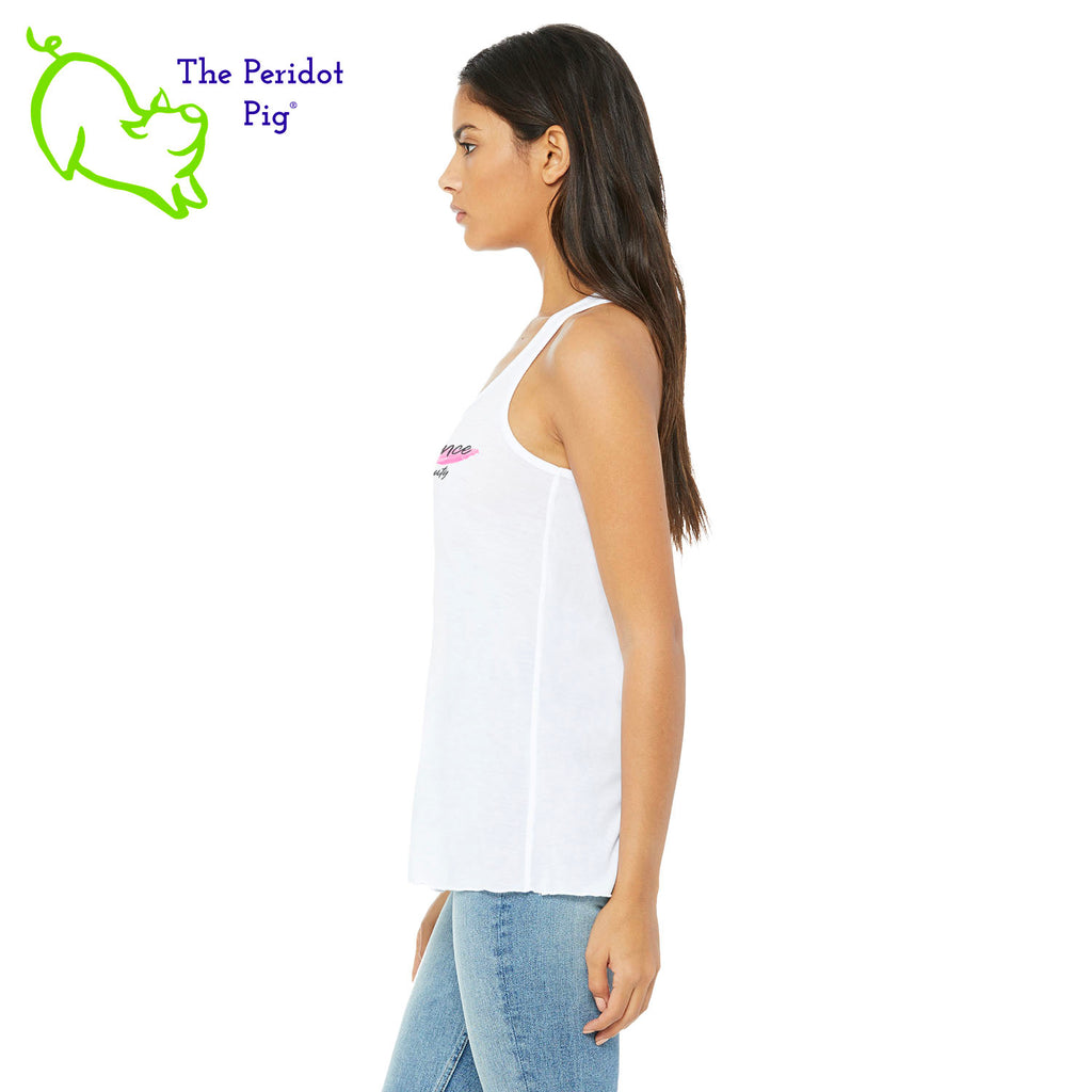 This racerback tank is super soft, lightweight, and form-fitting (but not too tight in the mid-section) with a flattering cut and raw edge seams for an edgy touch. The front features Coach Michele Smits' Natural Balance logo and the back is blank. Side view in white.