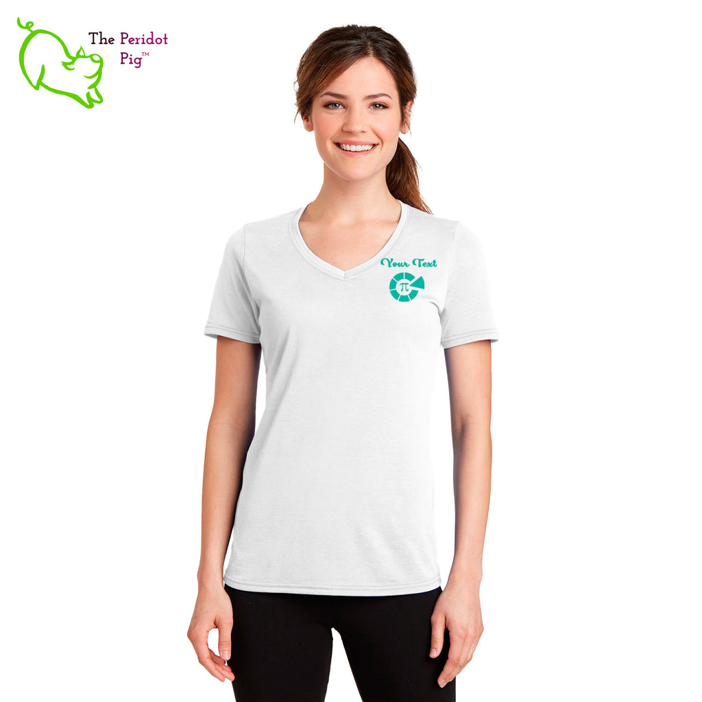 These super soft shirts are made from a poly cotton blend that is very comfortable. The print is a vivid sublimation print that won't crack or fade over time. The front sports the Healthy Pi logo and a personalized name on the left chest area. The back has a larger version of the Healthy Pi, Inc logo. Front view with name placement shown on a model.
