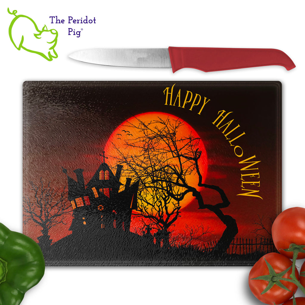 How about a Halloween cutting board for your next party? These make a perfect birthday, holiday or house warming gift! We've designed these with a dark graveyard scene. "Happy Halloween" is printed in a bright orange. They are printed in permanent sublimation colors that are vivid and bright. 11x16" version shown with veggies.