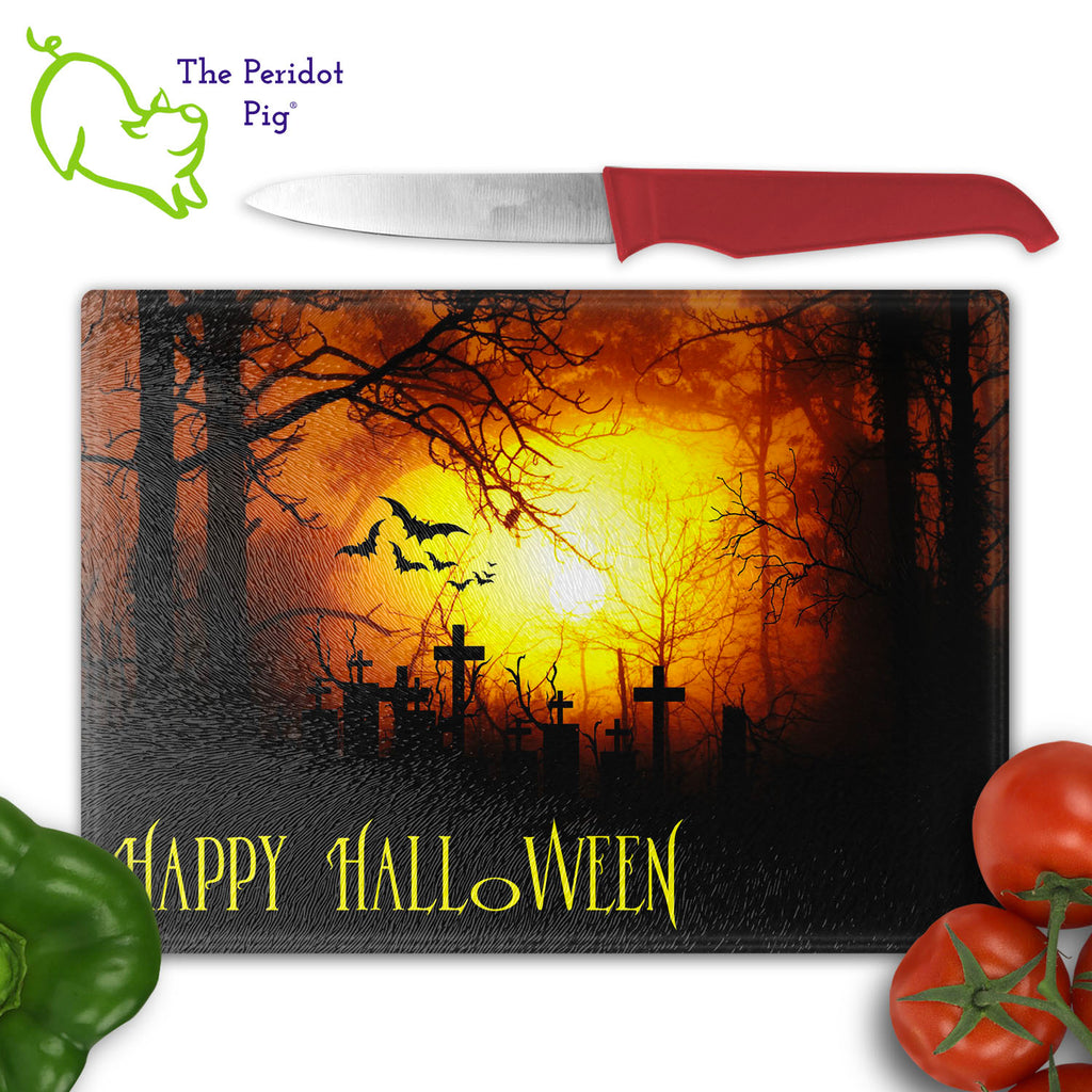 How about a Halloween cutting board for your next party? These make a perfect birthday, holiday or house warming gift! We've designed these with a dark graveyard scene. "Happy Halloween" is printed in a bright orange. They are printed in permanent sublimation colors that are vivid and bright. 11x16" round version shown with veggies