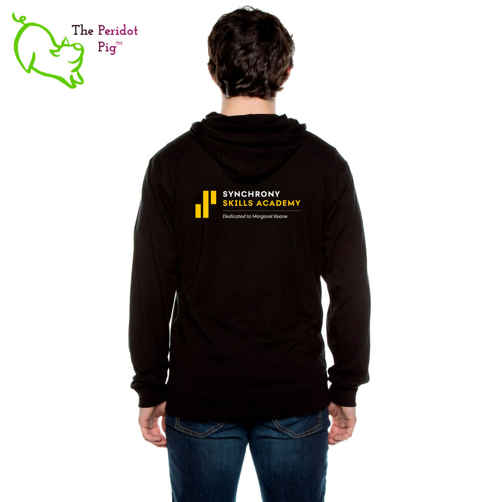 The Synchrony Financial Skills Academy Logo long sleeve t-shirt hoodie is a light-weight version of your classic pullover hoodie. The front features a small version of the logo on the left pocket area. The back has a larger version of the logo. Shown in black, back view.