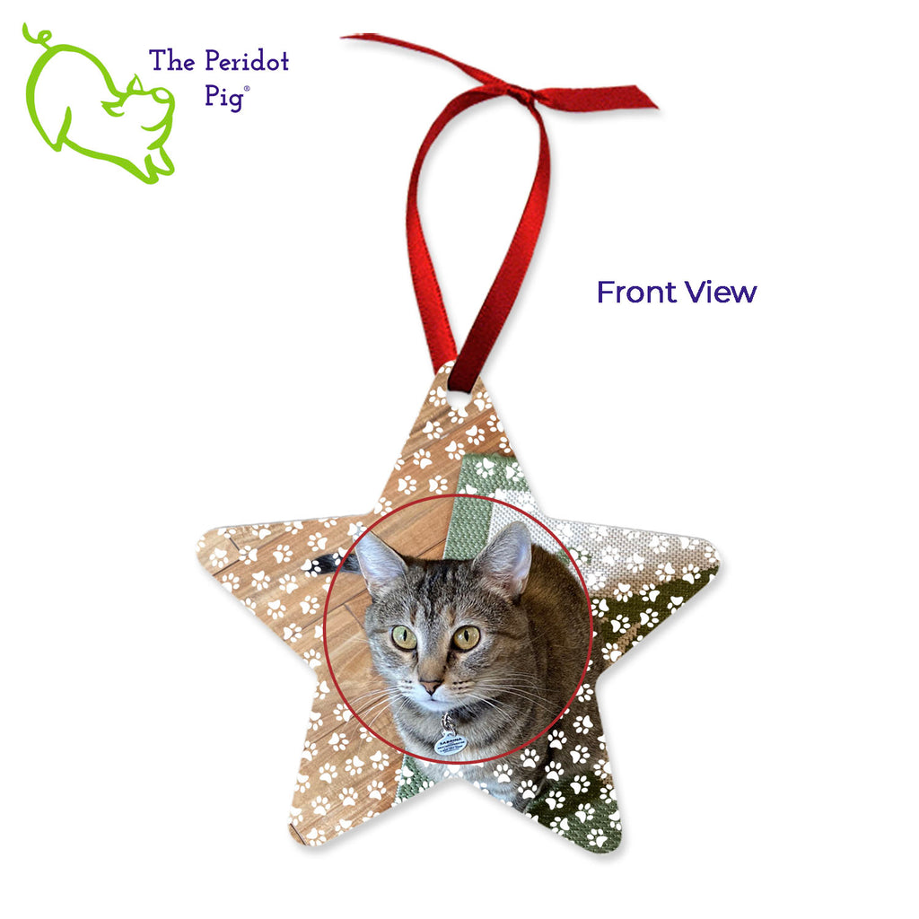This ornament is perfect for the star in your life. We've shown them here with the name and year on the back with a fun Christmas candy stripe pattern. On the front, choose from 5 different border styles. This style is best with the text on the back but we can customize it in many different ways. Front view shown with cat paws
